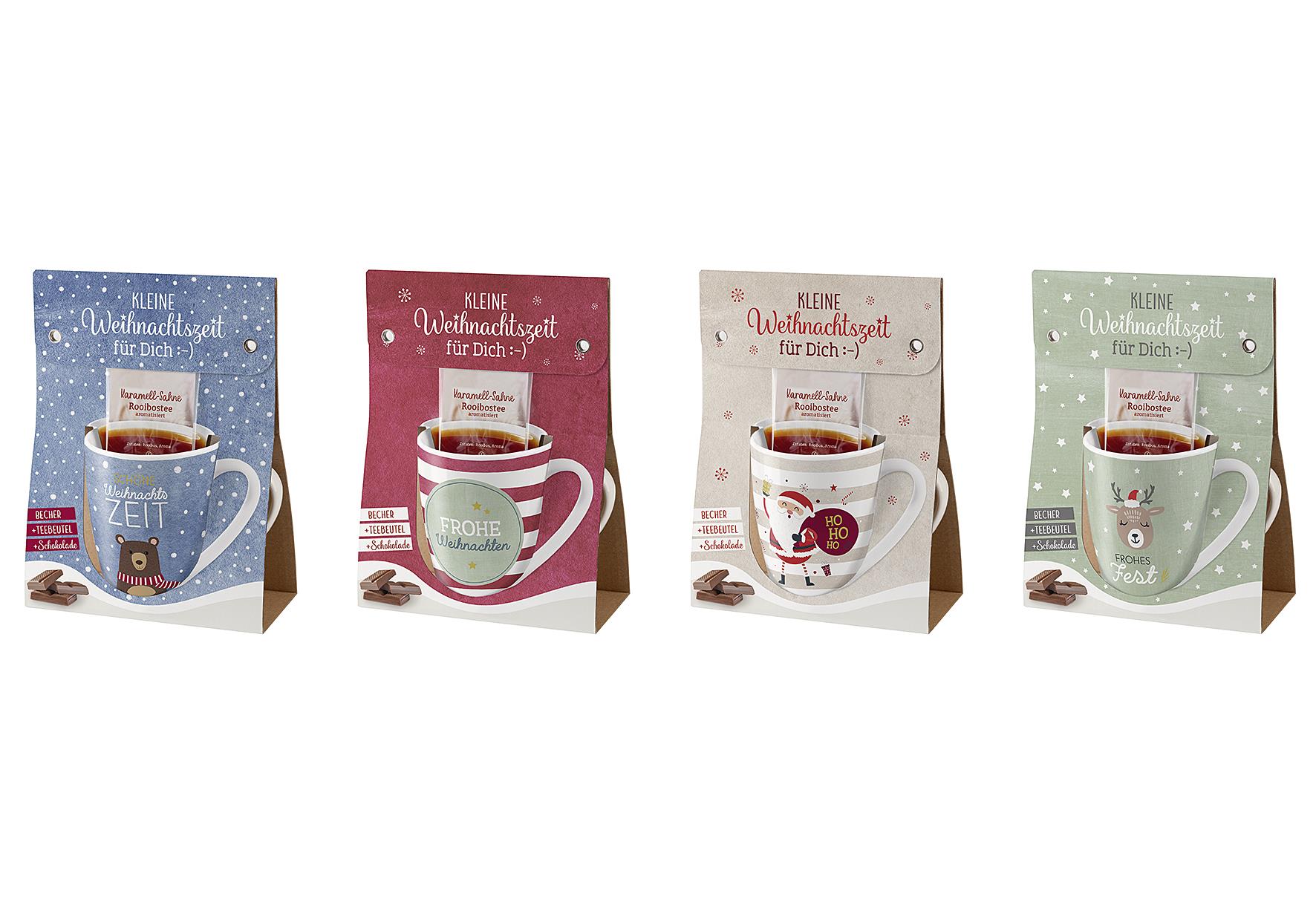 LA VIDA Weihnachtsbecher mit Tee 'Weihnachtsgrüße' 12er Display 4fach sortiert 1  Becher,  1 Teebeutel Rooibostee Karamell-Sahne, 1 Vollmilchschokolade 40 g