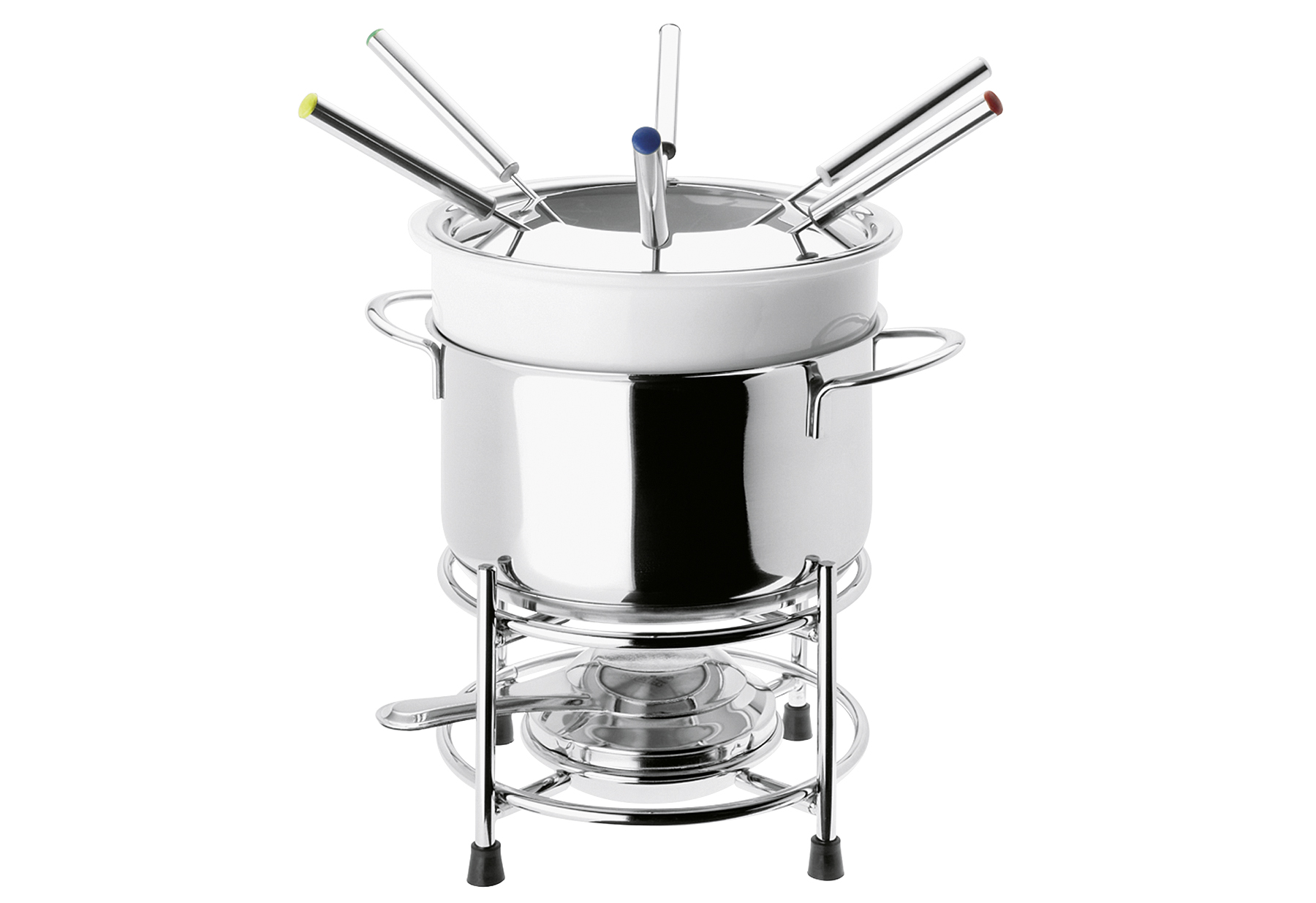 BEKA Fondue Set 'Roma' Inhalt: 6 x farbig markierte Fonduegabeln, 1 x Fonduetopf, 1 x Porzellantopf, 1 x Spritzschutz, 1 x Rechaud, 1 x Pastenbrenner (leer)