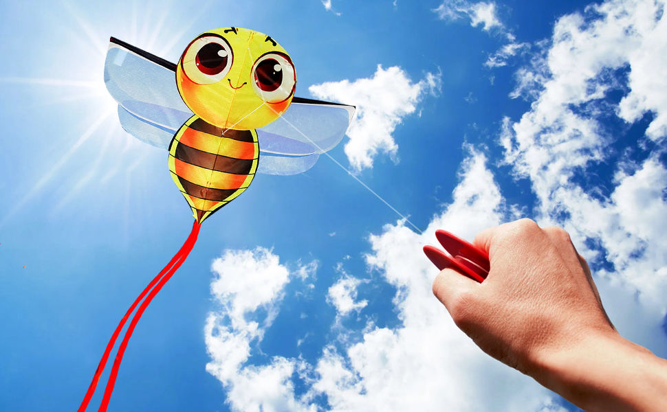 Bdt Drachen, Einleiner, Kite für Kind und Erwachsene *Biene* inkl. 30m Leine, 100x78cm + 2,8m Bänder