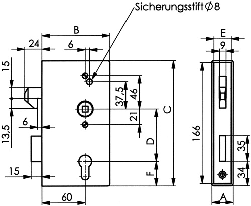 Schiebetorschlosskasten 140S DIN links / rechts Maß A60xB94xC173 mm Dornmaß 60 mm AMF