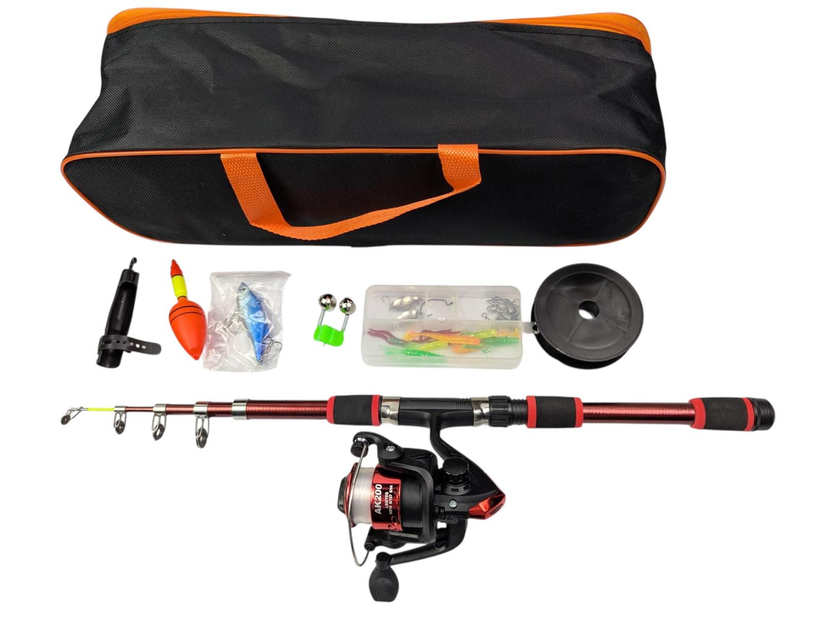 Bdt- FISHING GROUP- Angelset:  1,80m Angelrute Angelrolle ''AK200'' und Köder Set in Tasche, rot