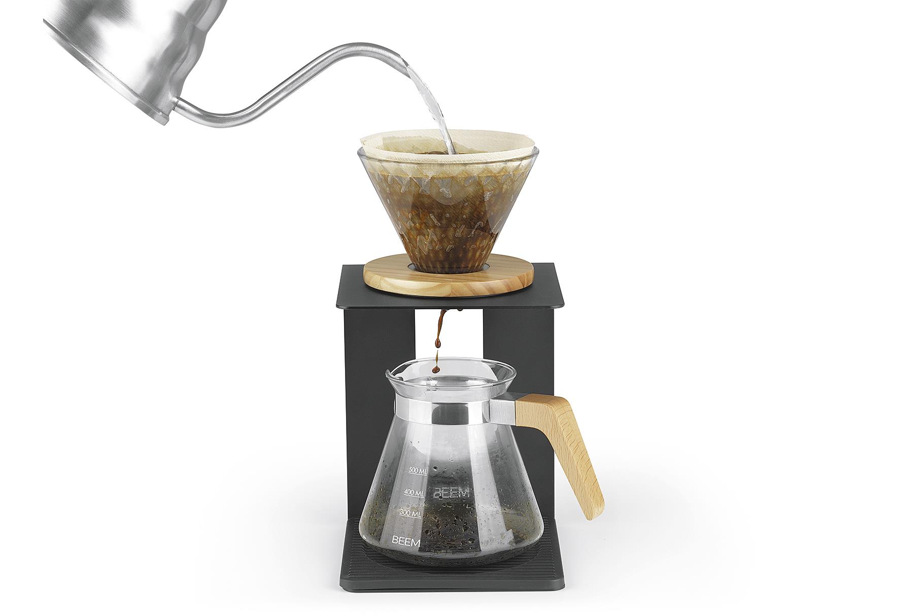 BEEM Kaffeebereiter Set 'Pour Over' 4 Tassen Glas-Handfilter, Glaskanne inkl. Deckel, Gestell, Silikonunterlage