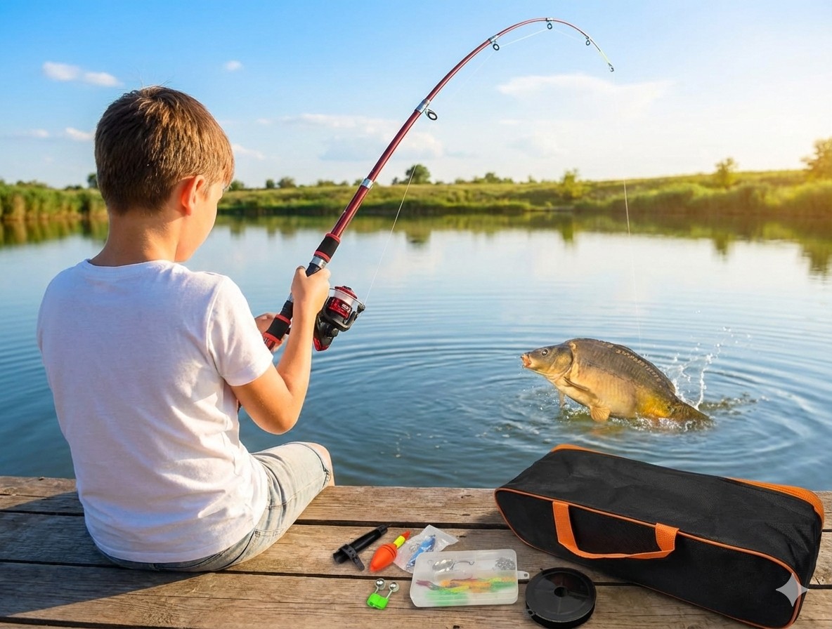 Bdt- FISHING GROUP- Angelset:  1,80m Angelrute Angelrolle ''AK200'' und Köder Set in Tasche, rot