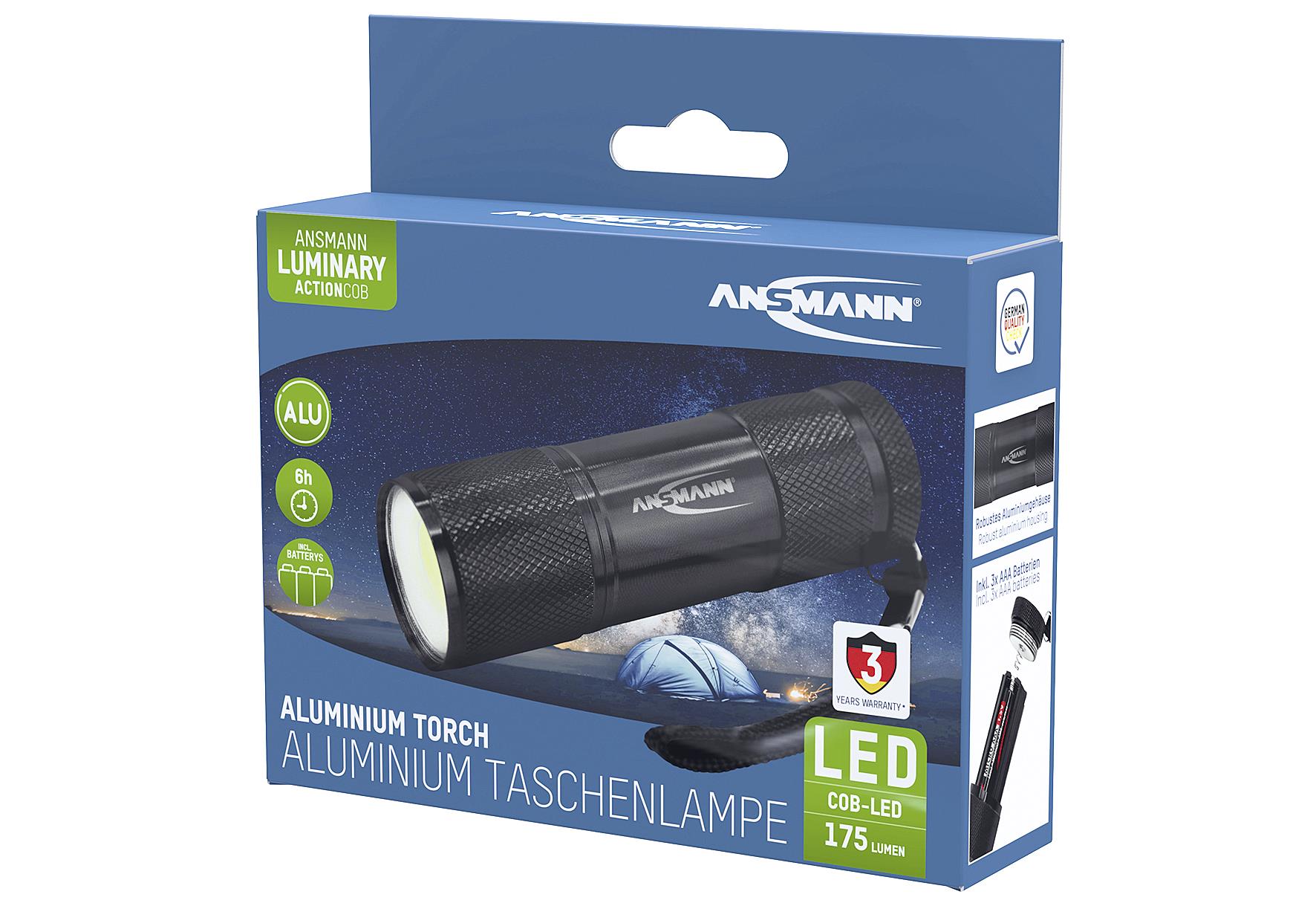 ANSMANN Taschenlampe 'Action' mit COB LED inkl. 3 x Micro AAA Alkaline Batterien