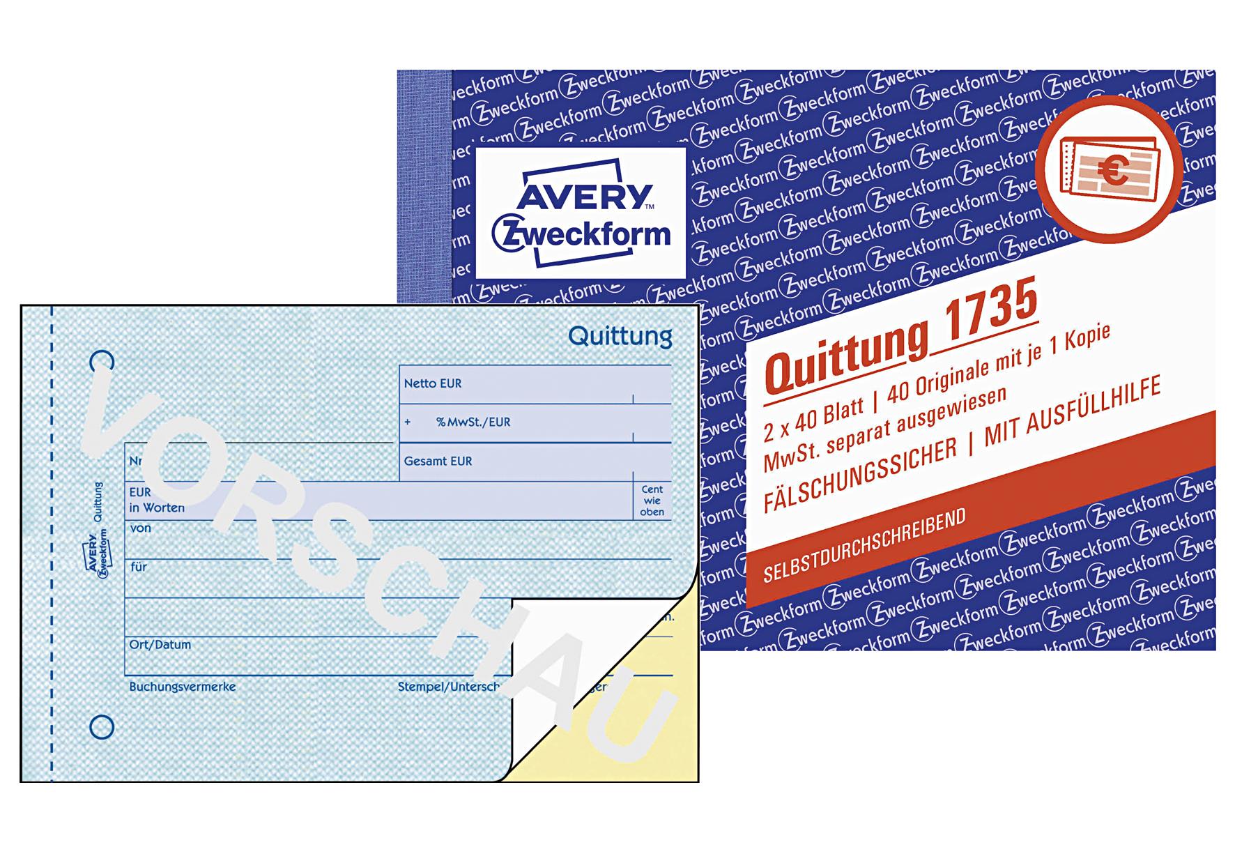 AVERY ZWECKFORM Quittung A6 SDmit Mwst.2x40 - VPE: 20