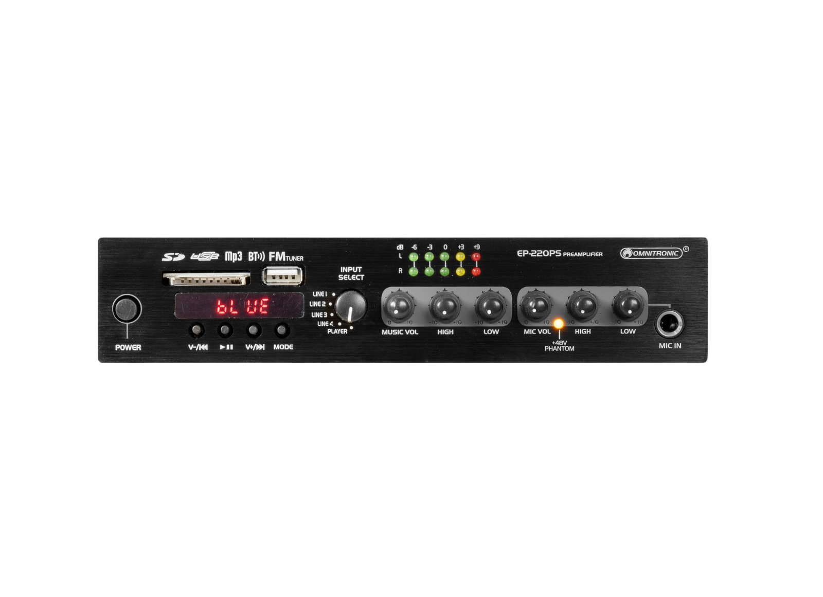 OMNITRONIC EP-220PS Vorverstärker mit MP3-Player, Bluetooth und FM-Radio 9.5"