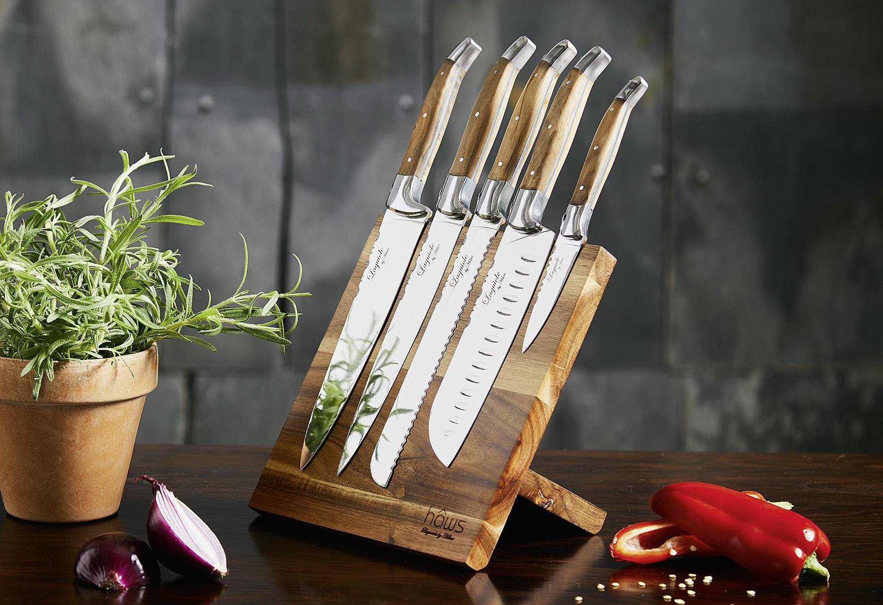 HAWS Messerset mit Magnetblock 'Laguiole' 5-teilig Brotmesser: 19 cm, Kochmesser: 19 cm, Schneidemesser: 19 cm, Santokumesser: 19 cm, Kräutermesser: 8 cm, Magnetblock