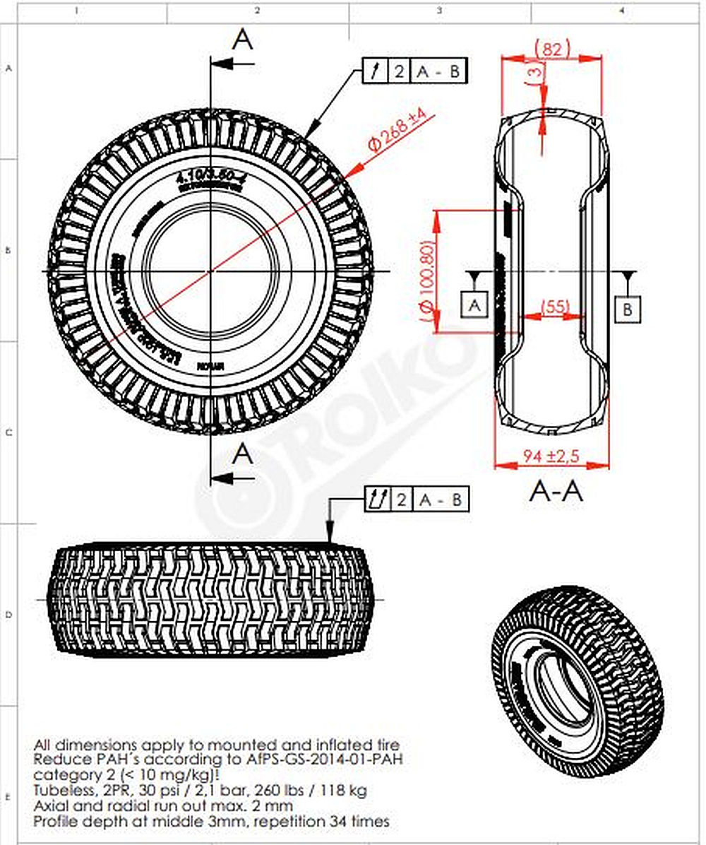 Bdt 1er SET: Decke (Ø 260 mm 4.10/3.50-4 2PR) + Schlauch (3.00-4'' TR87) f. Kettcar, Tretfahrzeuge, Bollerwagen, Babycar