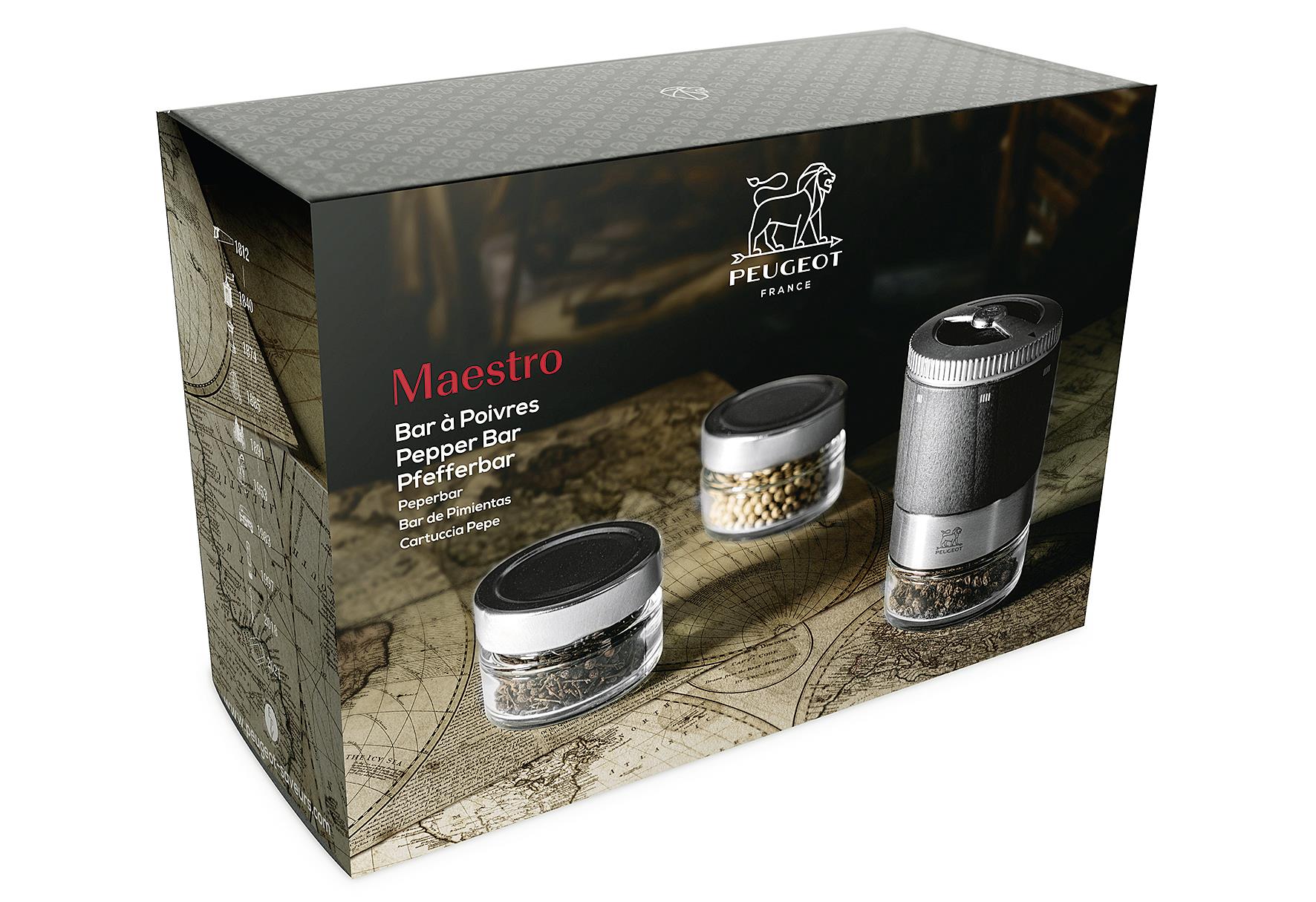 PEUGEOT Pfeffermühle und 3 Vorratsgläser 'Pfefferbar u'Select' 1 Pfeffermühle, 3 Gläser, 3 Pfeffersorten, 1 Rezeptbuch, 1 Stift