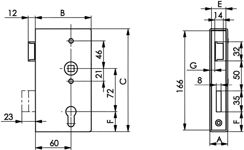 Panikgittertorschloss 140PGN Panik-Funktion D kantig 33/60/72/9 mm DIN rechts Edelstahl AMF