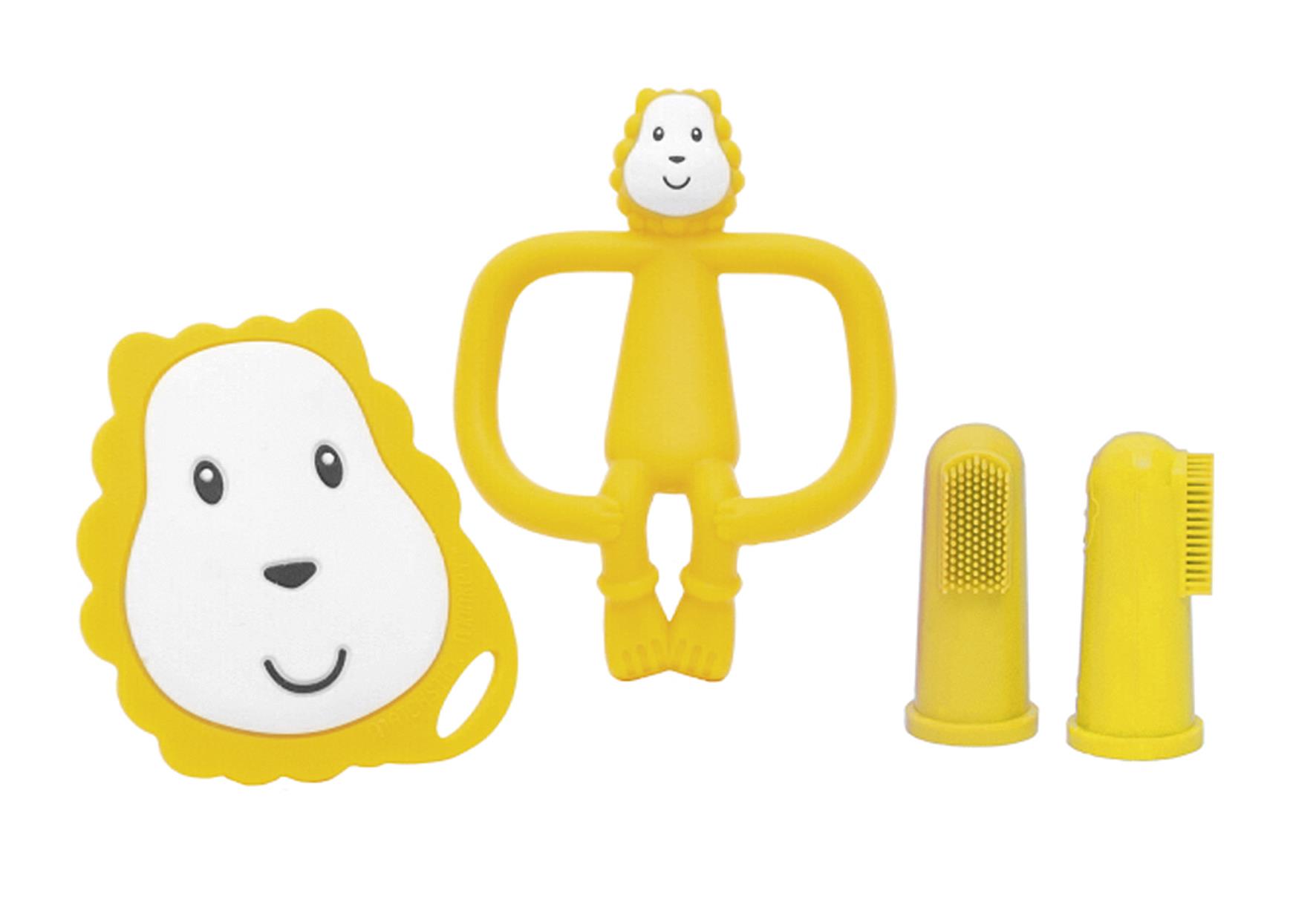 MATCHSTICK MONKEY Beißring 'Ludo Löwe' Starter Set 4-teilig 2 Zahnungshilfen mit weichen Zahnungsnoppen, 2 Fingerzahnbürsten