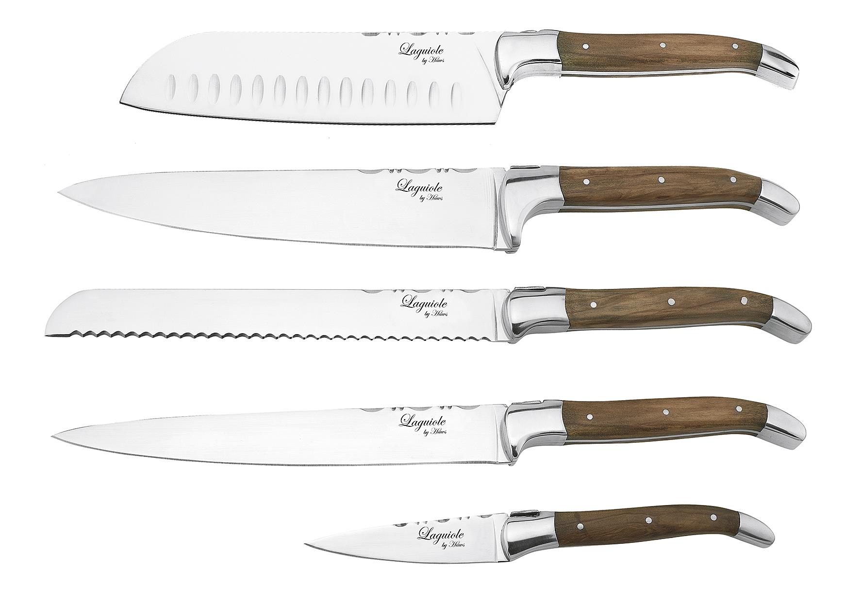 HAWS Messerset mit Magnetblock 'Laguiole' 5-teilig Brotmesser: 19 cm, Kochmesser: 19 cm, Schneidemesser: 19 cm, Santokumesser: 19 cm, Kräutermesser: 8 cm, Magnetblock