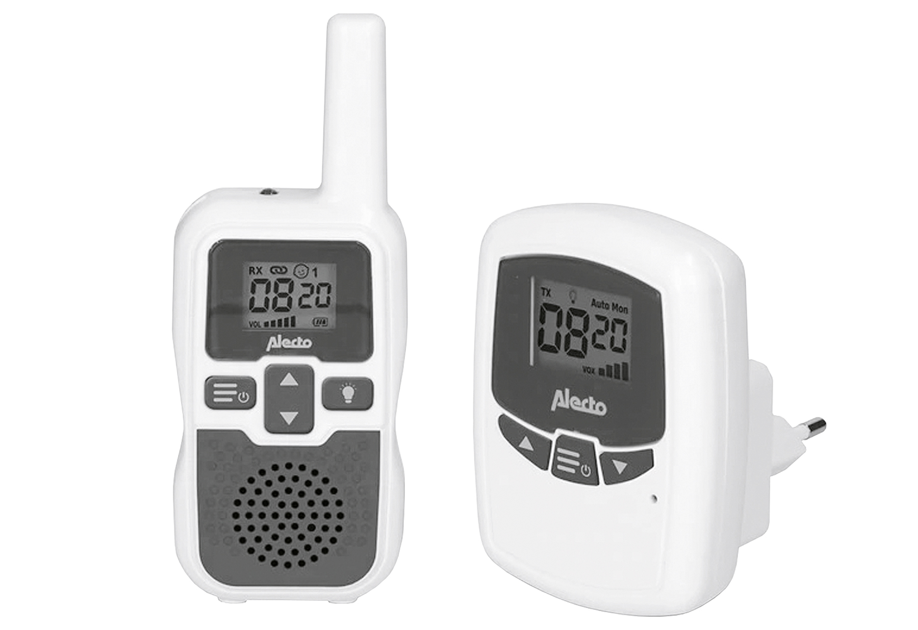 ALECTO Babyphone bis zu 3000 Meter Reichweite DBX-80     Babyeinheit    Elterneinheit mit Gürtelclip    USB - Micro-USB-Ladekabel    Adapter    NI-MH Akku 600 mAh    Bedienungsanleitung NL / EN / DE / FR / ES / IT    Uni