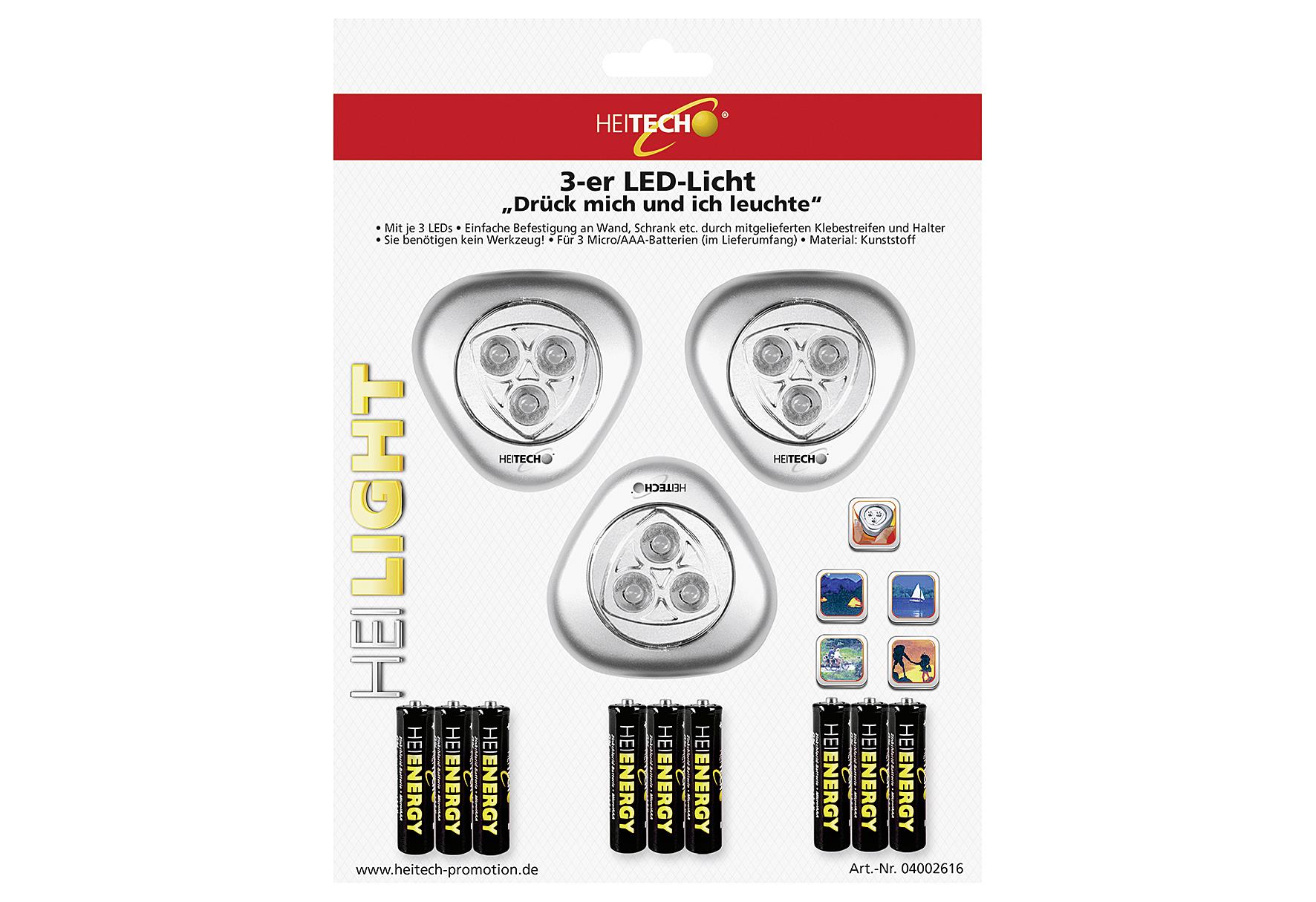 HEITECH LED Unterbau-Leuchten inkl.Batterien 3er Set Je 3 Micro/AAA Batterien im Lieferumfang