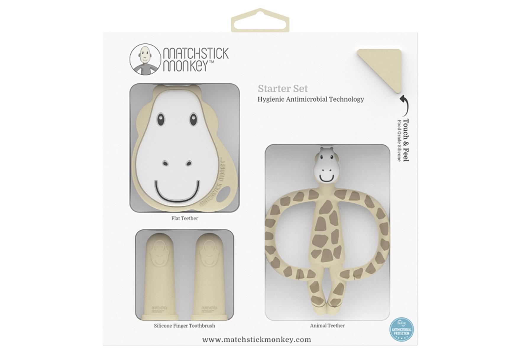 MATCHSTICK MONKEY Beißring 'Gigi Giraffe' Starter Set 4-teilig 2 Zahnungshilfen mit weichen Zahnungsnoppen, 2 Fingerzahnbürsten