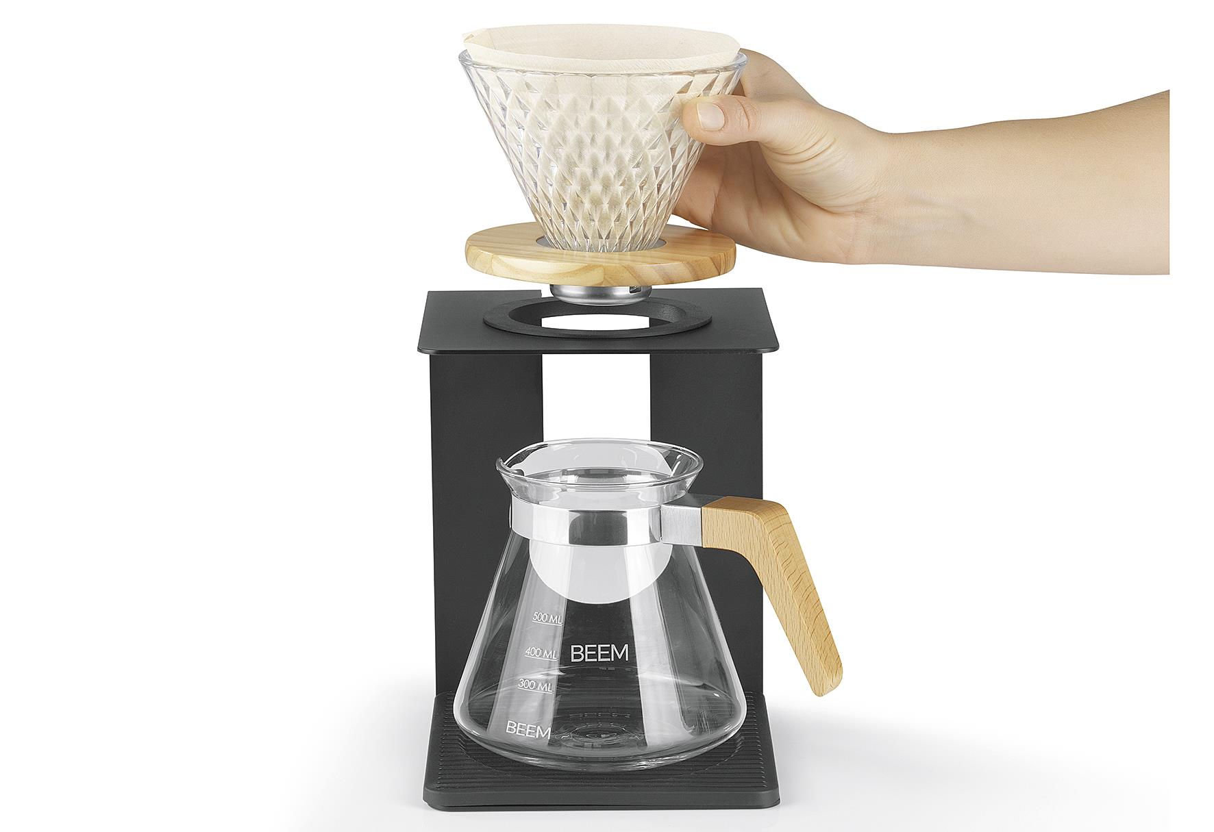 BEEM Kaffeebereiter Set 'Pour Over' 4 Tassen Glas-Handfilter, Glaskanne inkl. Deckel, Gestell, Silikonunterlage