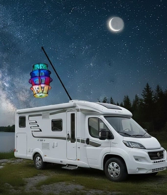 Bdt SET 3D Lampion''Camper- Leuchtfeuer'' inkl. USB-LED- Leuchte H:65cm, Ø 34cm + 5m Pole